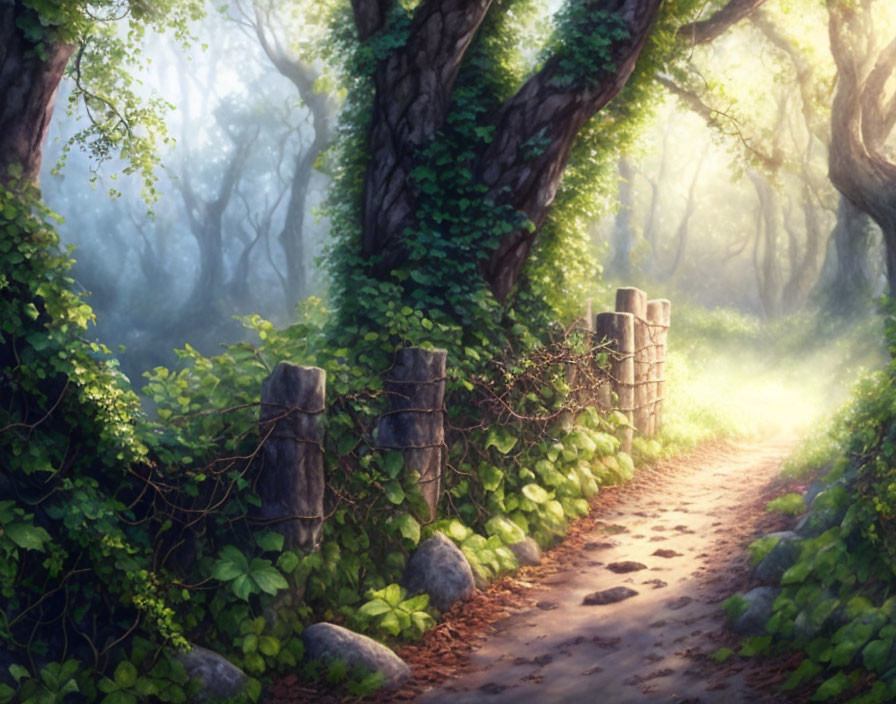 Serene Forest Path with Sunlight and Stone Wall