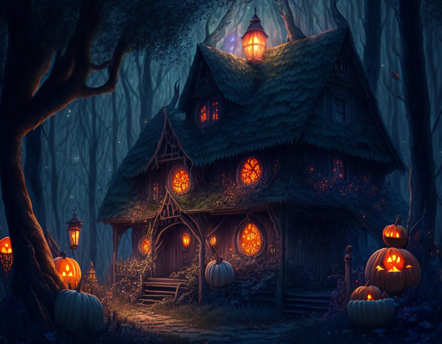 Moonlit forest cottage with jack-o'-lanterns and pumpkins