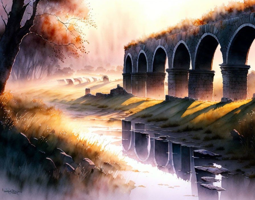 Serene watercolor landscape: ancient aqueduct in misty field