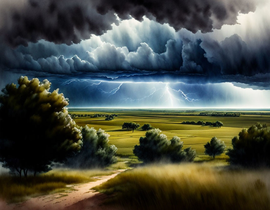 Thunderstorm landscape with lightning strikes over lush countryside