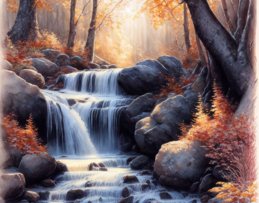 Tranquil woodland stream with autumn foliage and sunlight filtering through trees