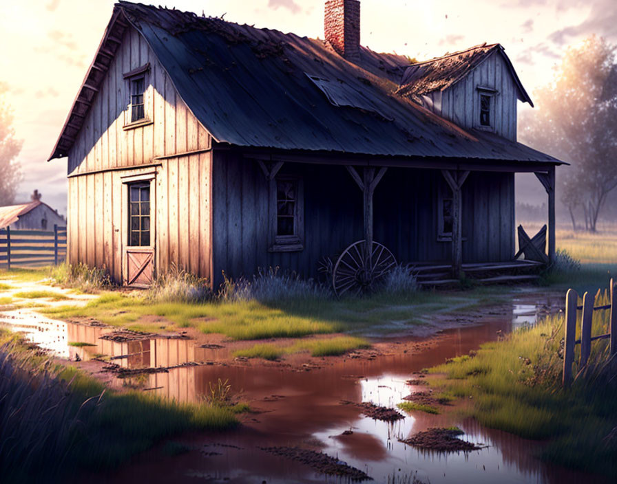 Weathered wooden house on porch surrounded by tall grass in soft evening light.