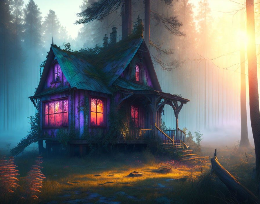 Enchanting Cottage with Purple Windows in Misty Forest