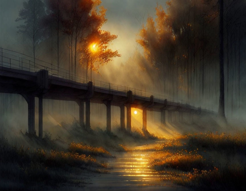 Ethereal landscape: glowing sunset, bridge reflections, misty trees