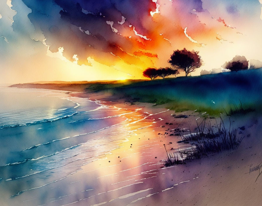 Scenic beach sunset watercolor painting with trees and grass