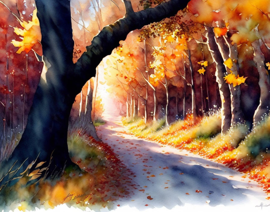 Autumnal forest watercolor painting with vibrant colors and sunlight filtering through trees