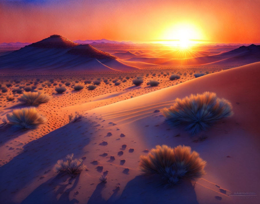 Vibrant desert sunset with orange and blue hues, sand dunes, vegetation, and setting sun