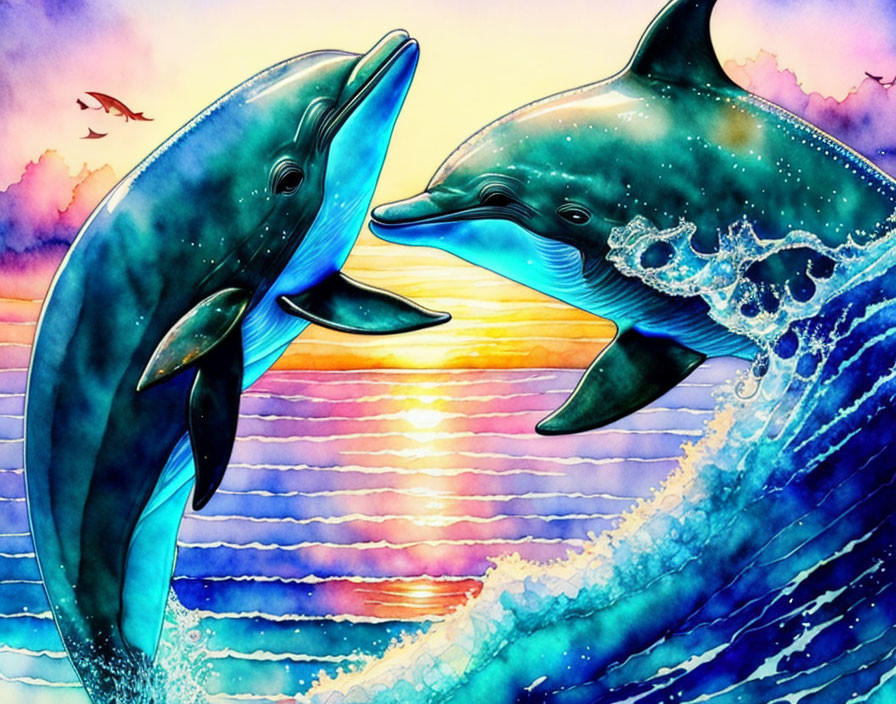 Illustrated dolphins leaping in colorful ocean sunset