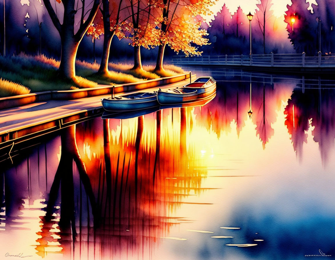 Serene lakeside twilight scene with canoes and autumn foliage