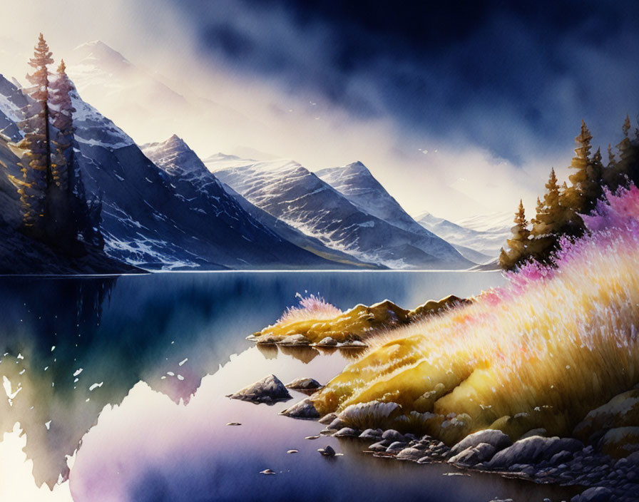 Serene lake, majestic mountains, colorful foliage in watercolor