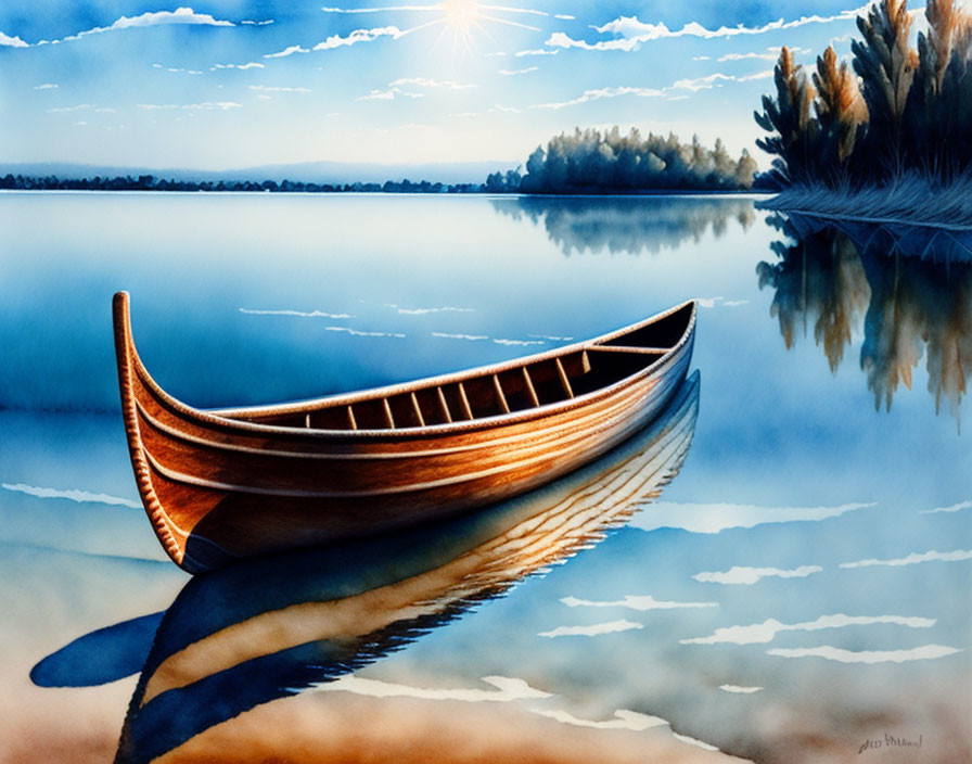 Tranquil lake scene with wooden canoe and sunrise