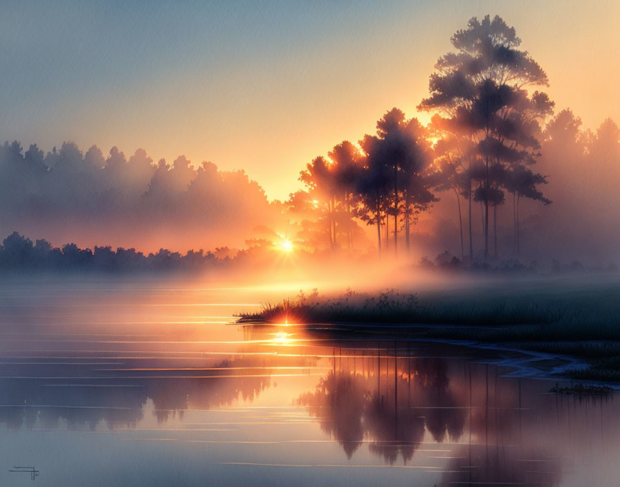 Tranquil sunrise scene at a misty lake