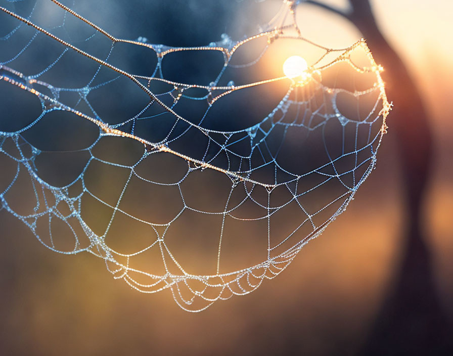 Spiderweb with dewdrops in soft-focus background at sunrise or sunset.