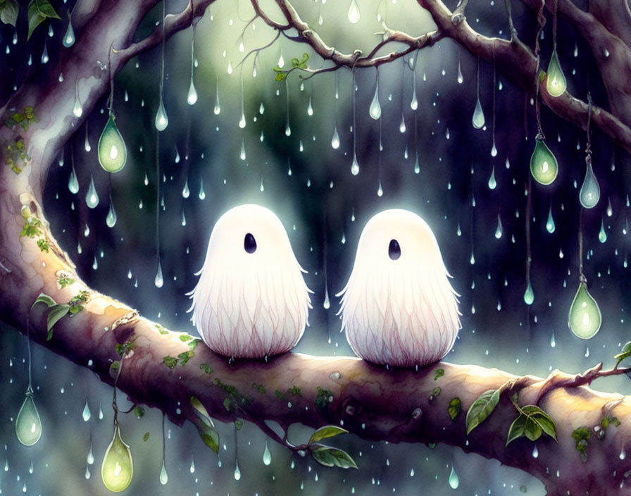 Fluffy white creatures on tree branch in enchanted forest rain scene