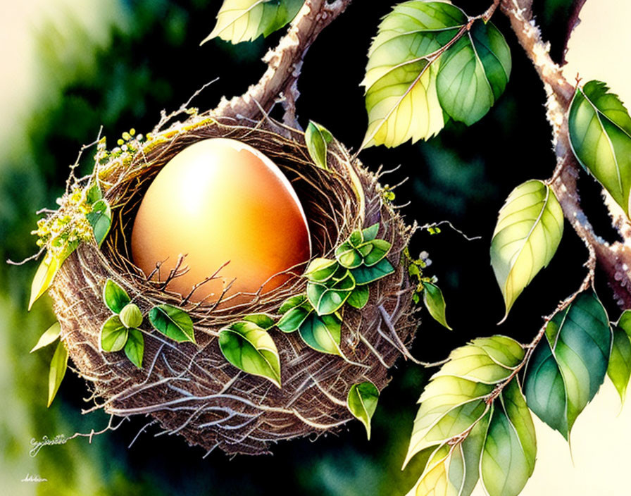 Detailed Illustration: Bird's Nest on Tree Branch with Large Golden Egg, Green Leaves, and Del