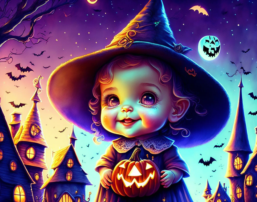 Cheerful baby witch with pumpkin in spooky Halloween cartoon