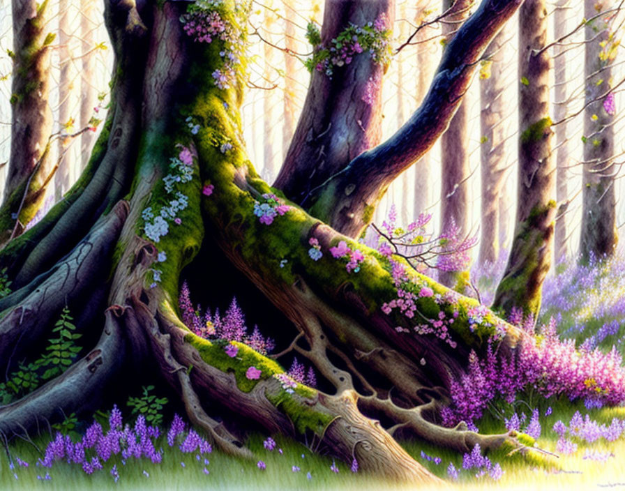 Enchanted forest with ancient trees and purple flowers