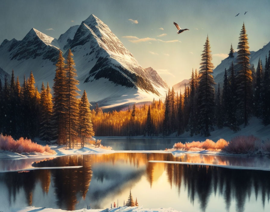 Serene mountain landscape with golden-hour light, reflective lake, autumn trees, and soaring birds