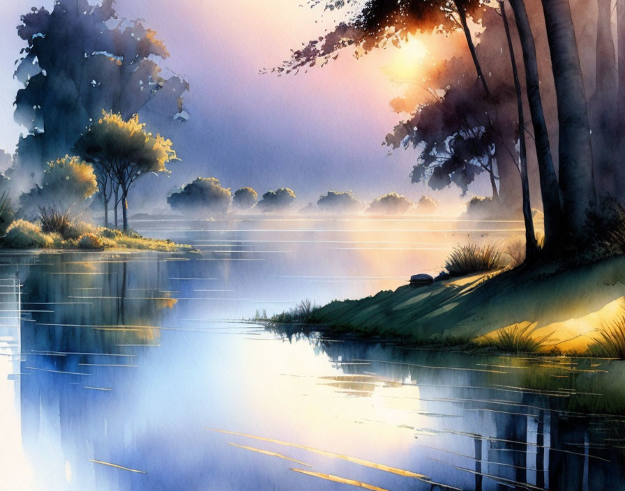 Tranquil watercolor painting: sunrise over lake with trees