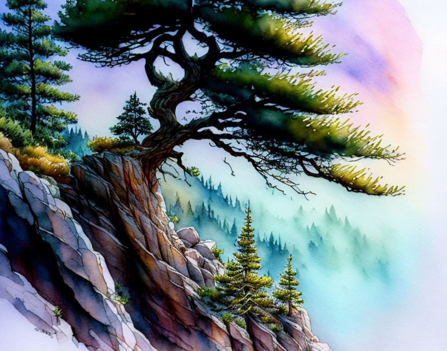 Windswept pine tree on rocky cliff with misty mountains and gradient sky