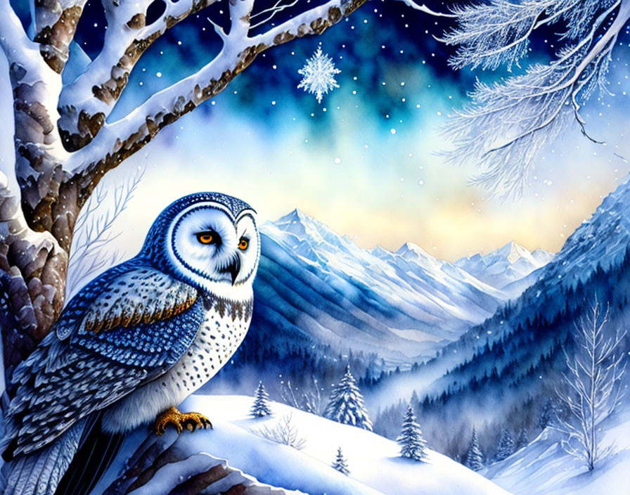 Snowy landscape at dusk with snowy owl on tree branch in falling snowflakes