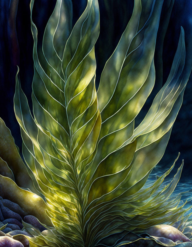 Vibrant Green Sea Algae with Feathery Fronds on Dark Underwater Background