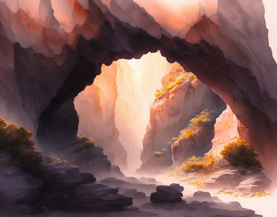 Digital painting of a sunlit canyon with rock archway.