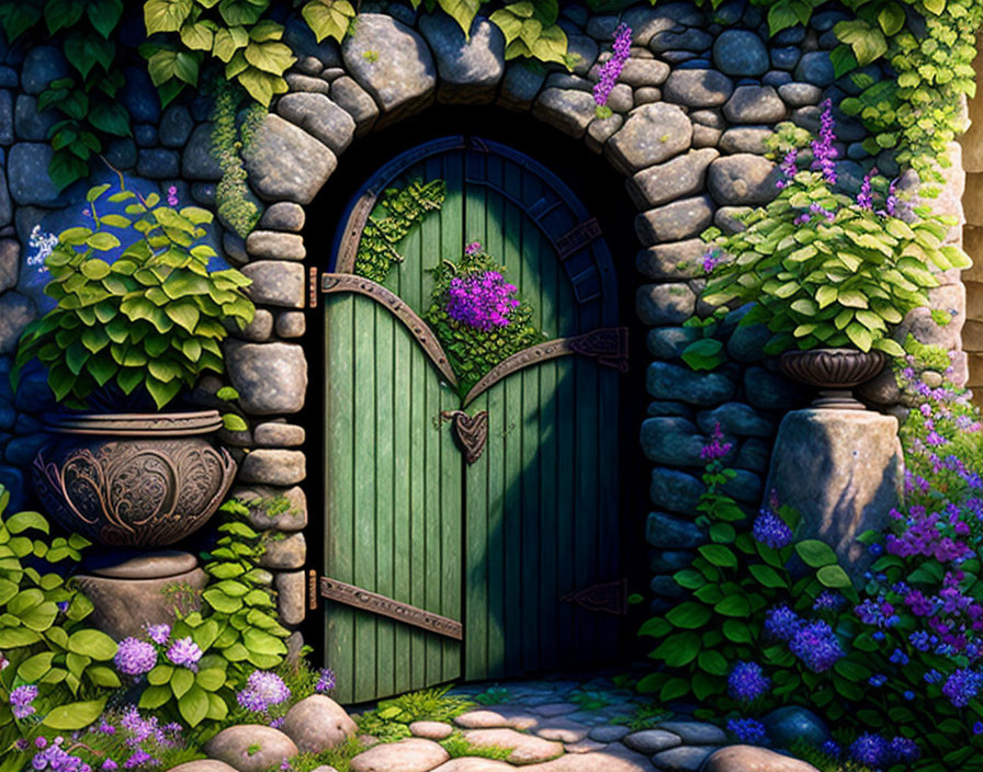 Green arched door in stone wall with lush foliage and purple flowers.