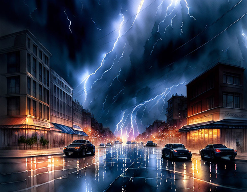 Cityscape with lightning bolts, stormy sky, wet streets, and night traffic.