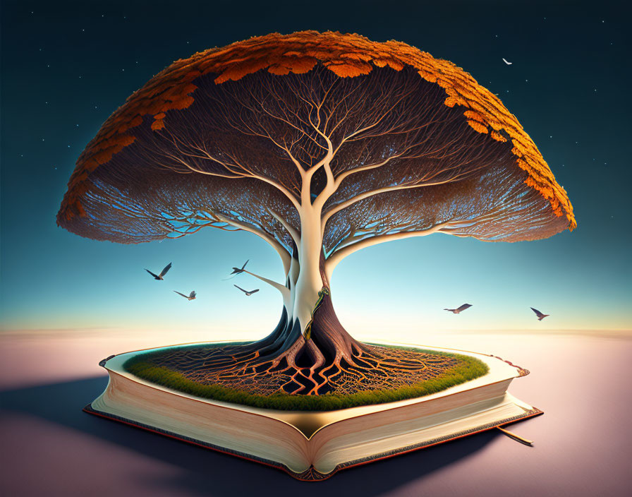 Illustration of large tree with golden leaves on open book under dusk sky