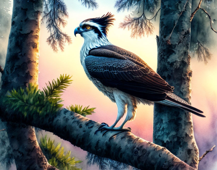 Osprey perched on branch in twilight forest with detailed plumage