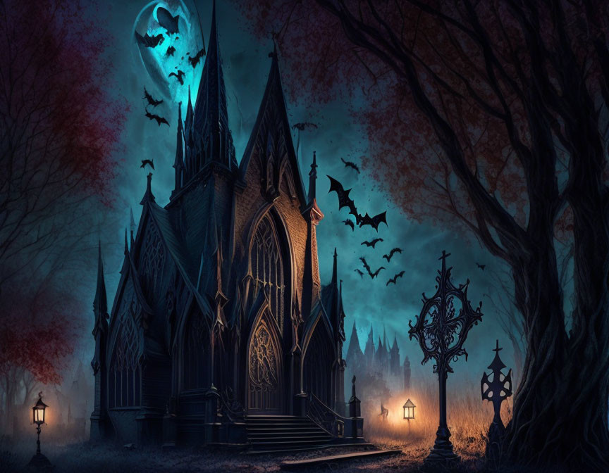 Moonlit Gothic Church and Spooky Cemetery with Bats