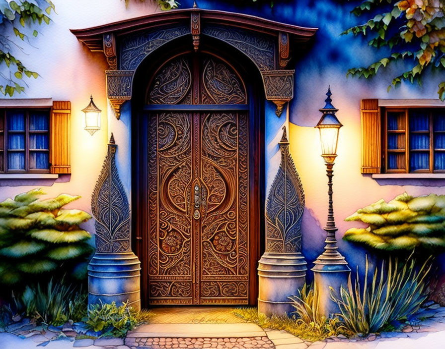 Ornate wooden door with intricate carvings, vintage street lamps, windows, and lush green