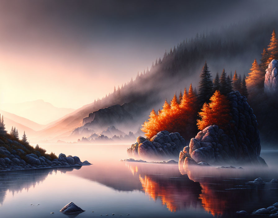 Tranquil dusk scene: misty hills, autumn trees, serene lake