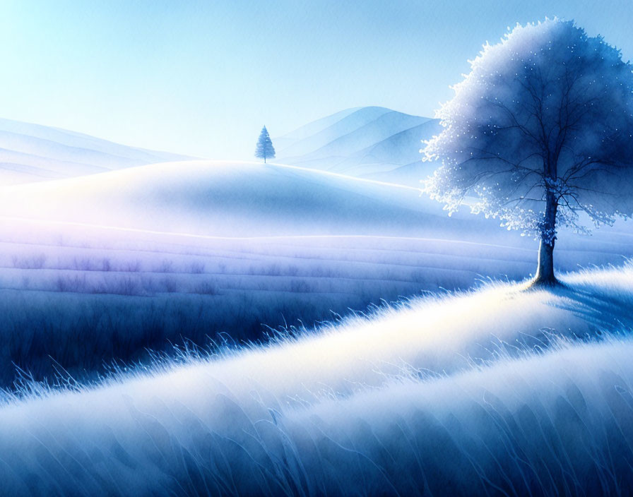 Tranquil landscape with rolling hills and trees in misty blue ambiance