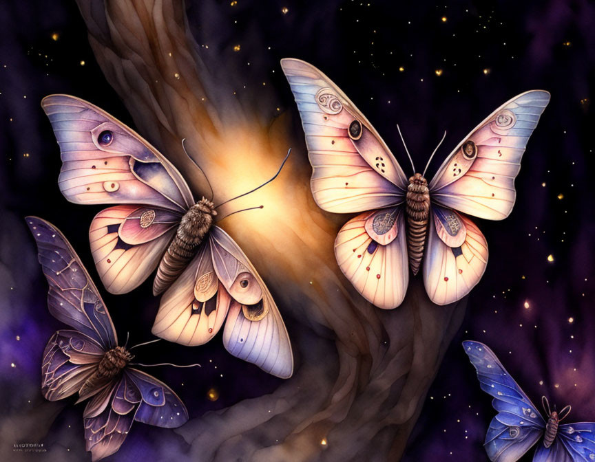 Fantasy illustration: Large ethereal butterflies with celestial motifs on tree branch.