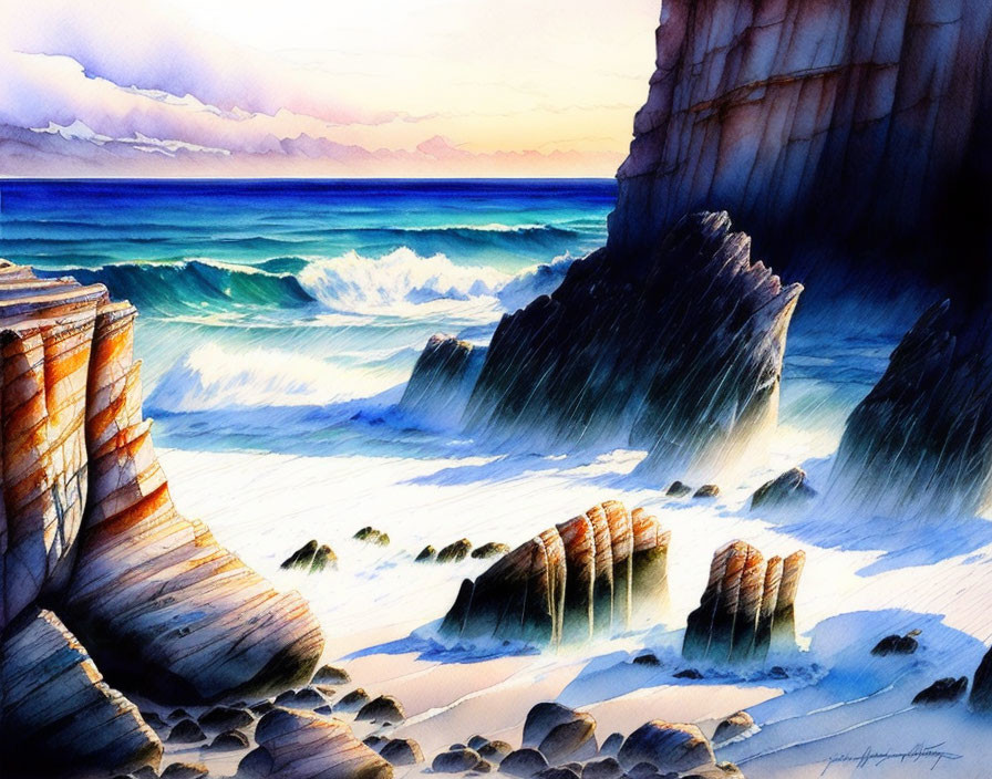 Rocky seaside watercolor painting: waves crashing under sunset sky