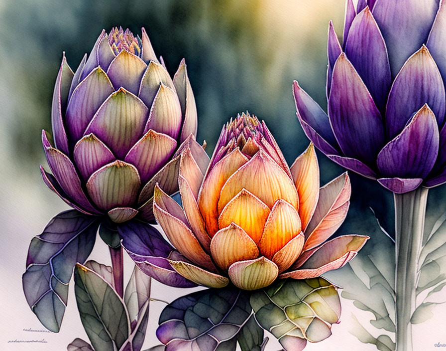 Colorful Watercolor Painting of Artichoke Flowers in Purple and Gold