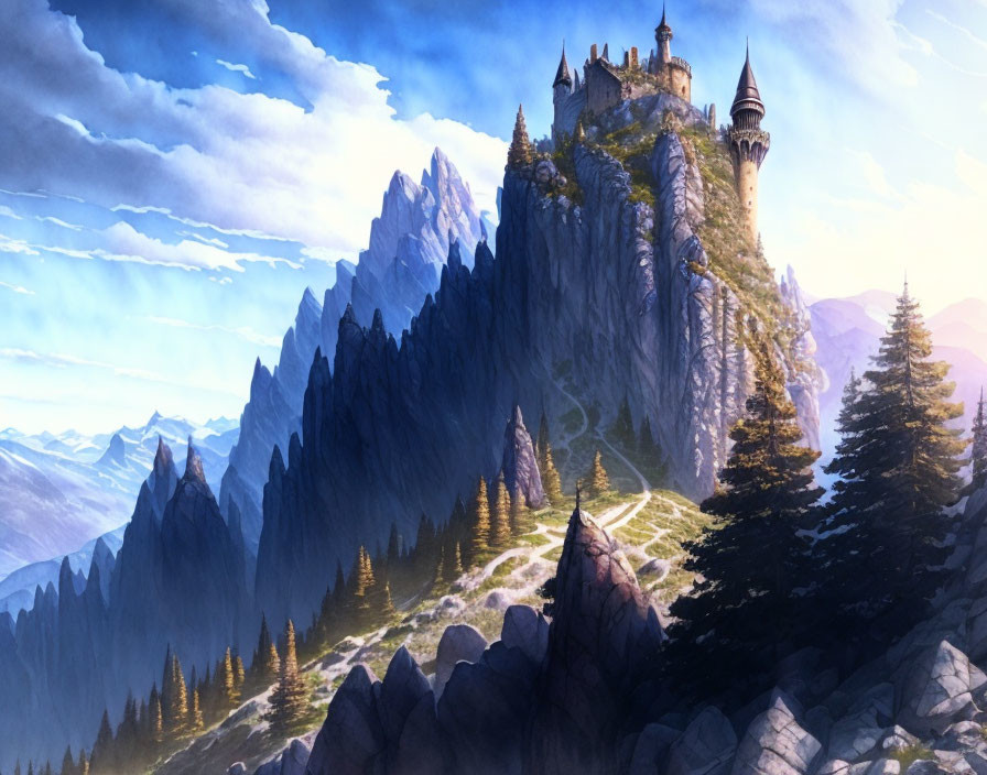 Majestic castle on craggy mountain peak surrounded by evergreens