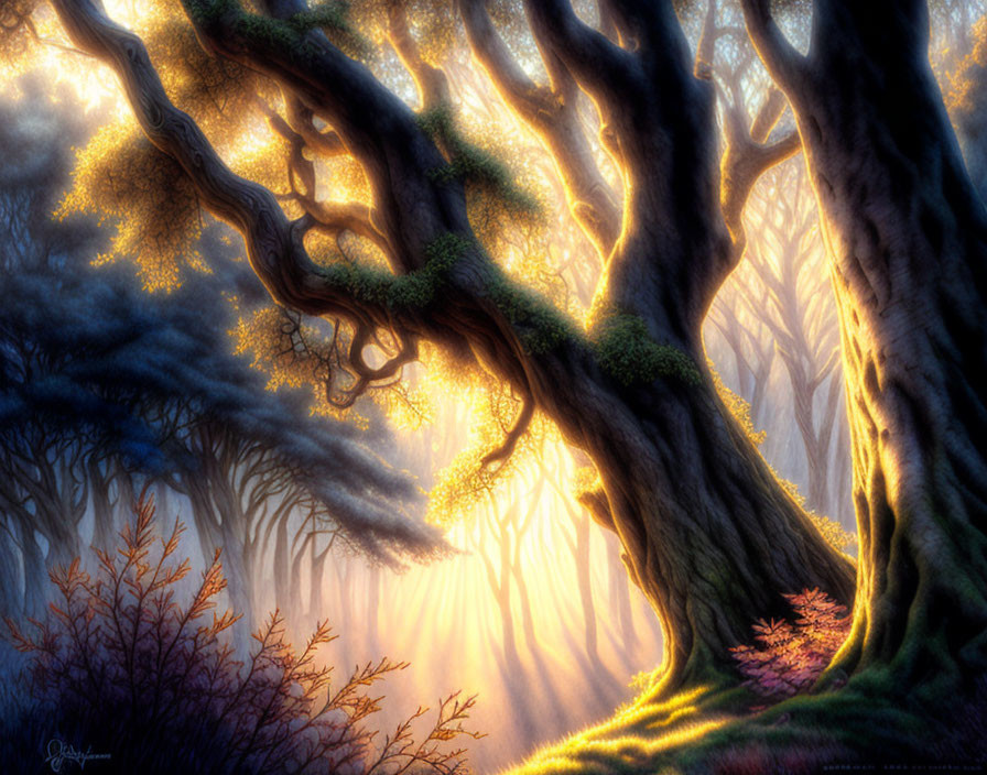 Mystical forest scene with sun rays through twisted, moss-covered trees