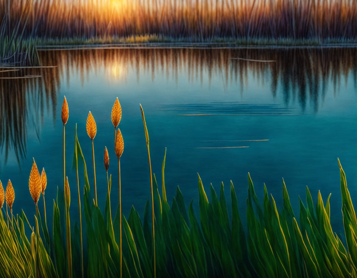 Tranquil lake at sunset with vibrant reeds and reflections