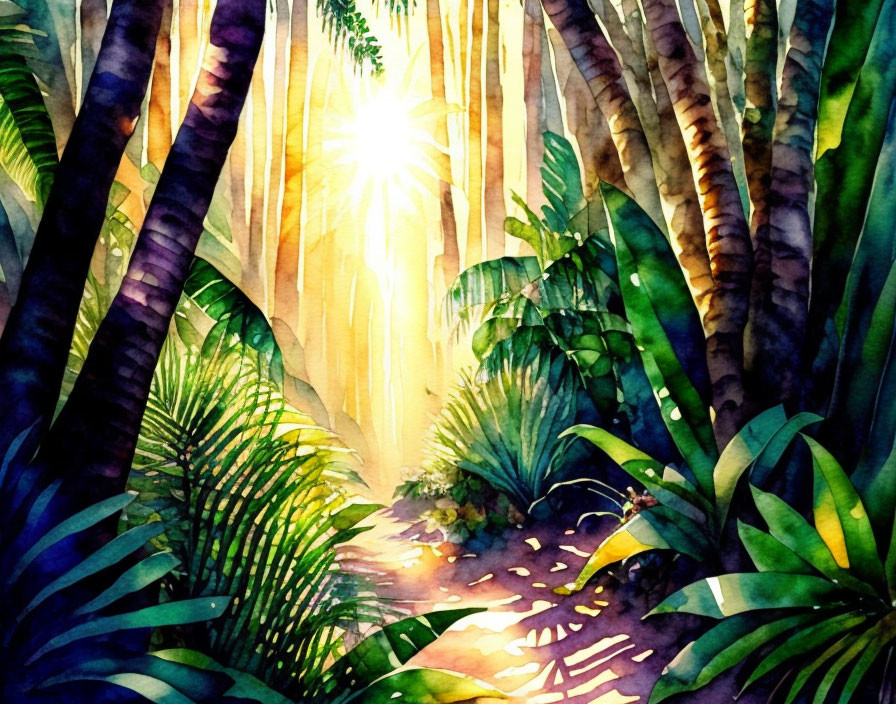 Lush forest scene with sunlight filtering through tall trees