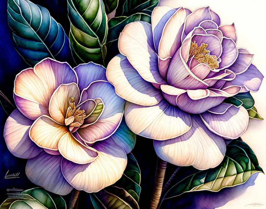 Detailed Illustration of Vibrant Flowers in Purple, Pink, and Cream