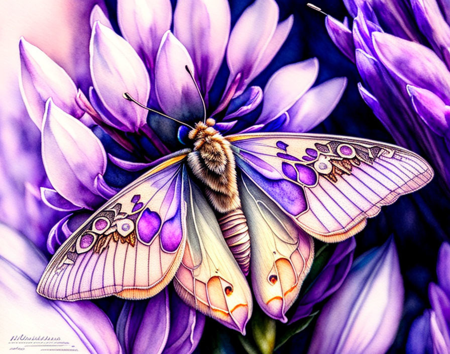 Colorful Butterfly Illustration Perched on Purple Flowers