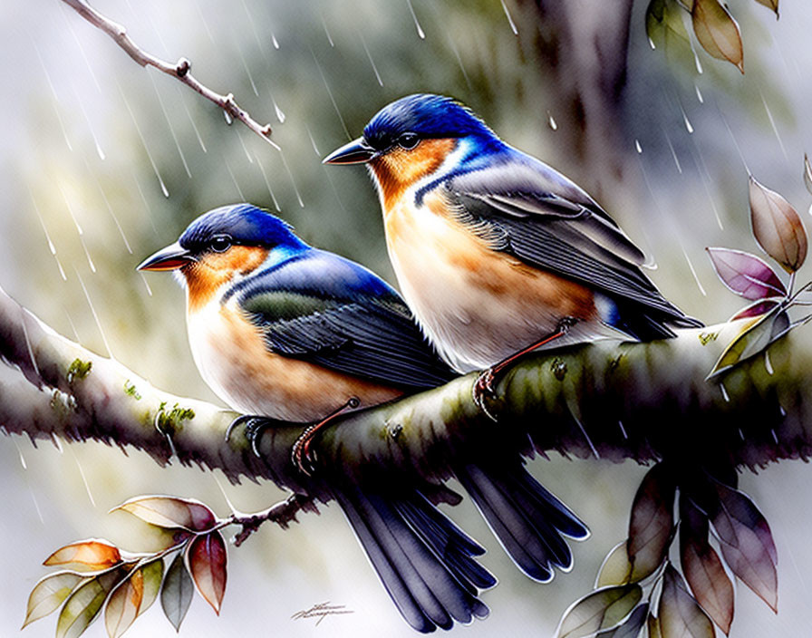 Colorful Birds Perched on Branch with Raindrops in Tranquil Setting