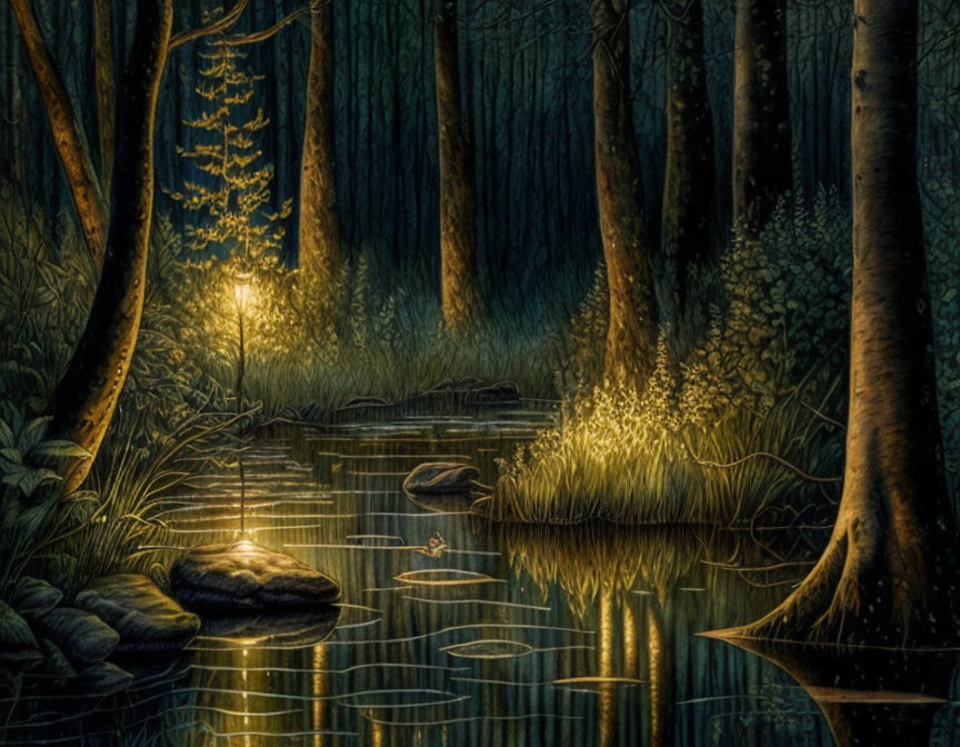 Enchanted forest scene at night with glowing light and tranquil pond