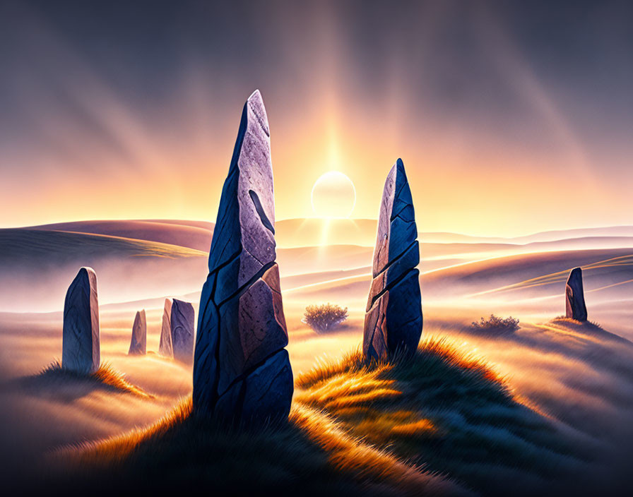 Mystical standing stones at sunrise on hilly landscape