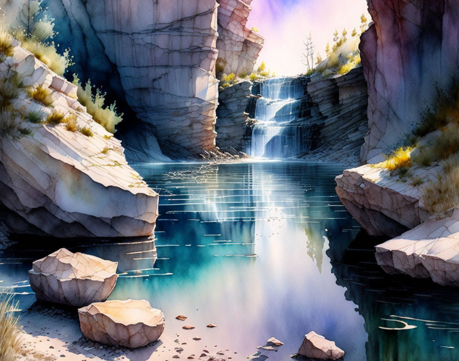 Tranquil waterfall in watercolor with rocky cliffs