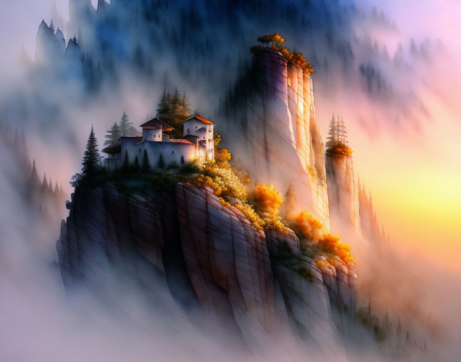 Mystical landscape with castle on cliff in sunrise glow