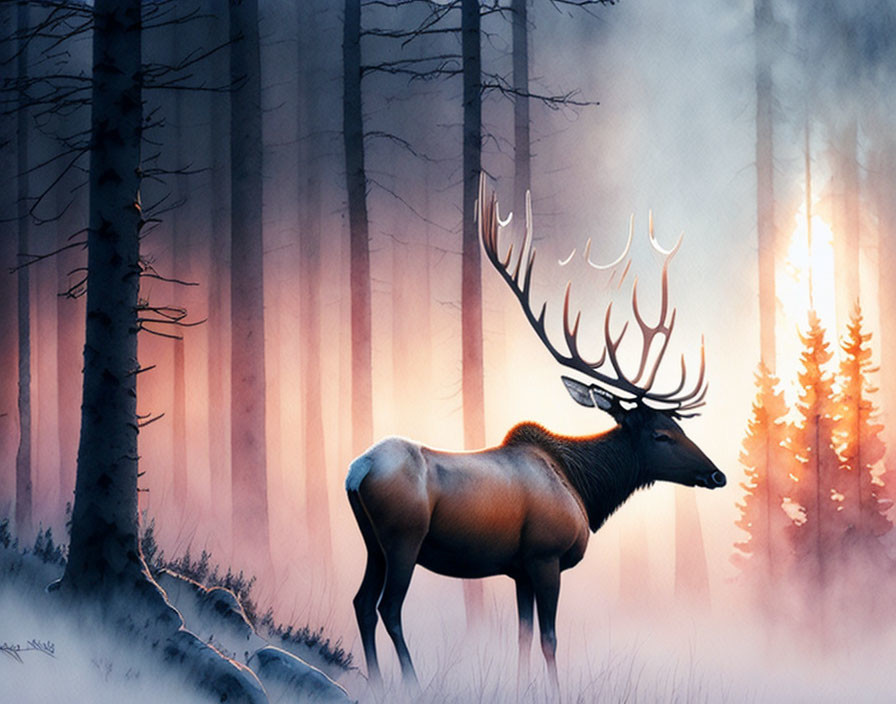 Majestic elk in misty forest at sunrise with impressive antlers